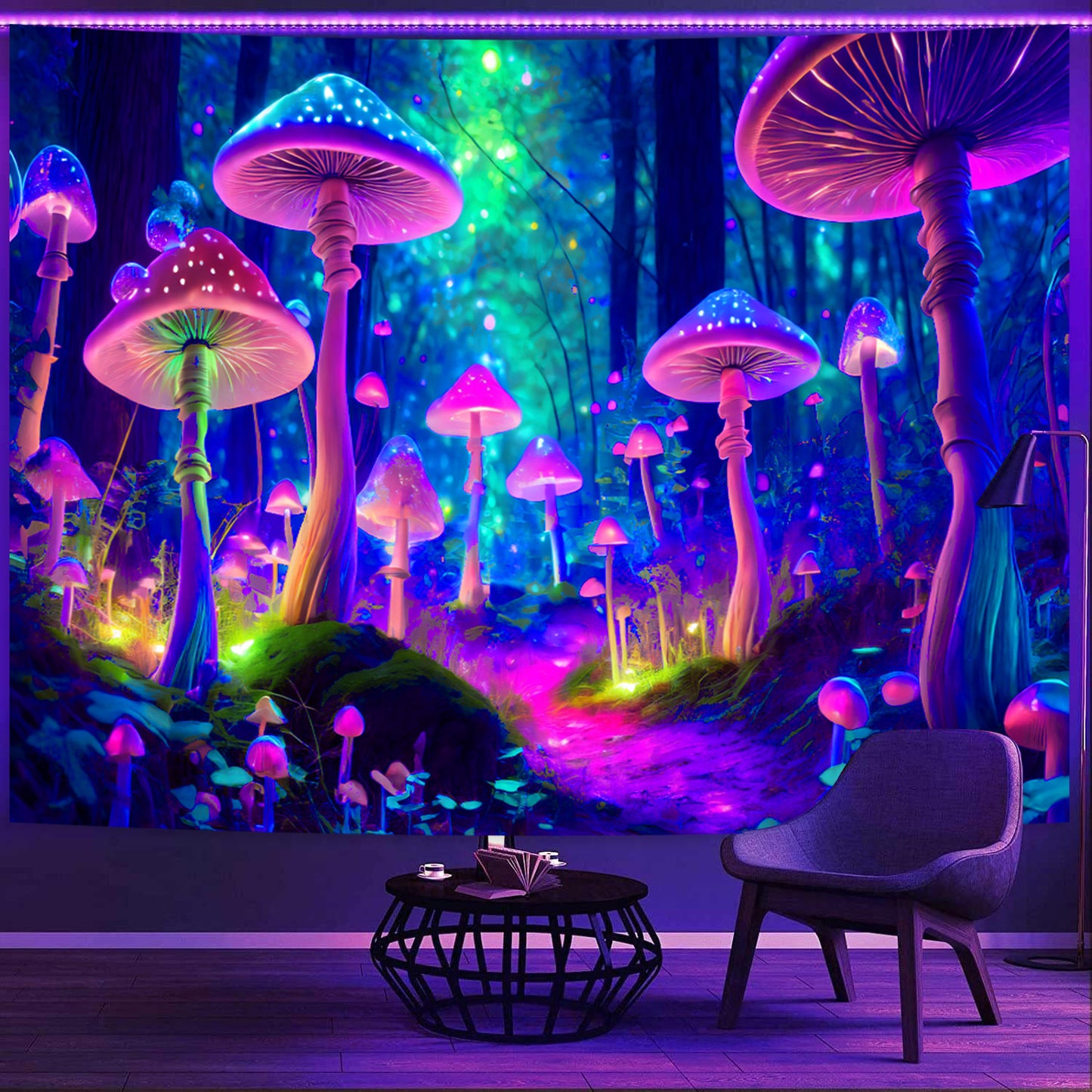 Simpkeely Fantasy Mushroom Tapestry Blacklight Neon Glow Forest Tapestry Wall Hanging Magical Landscape Wall Art for Bedroom