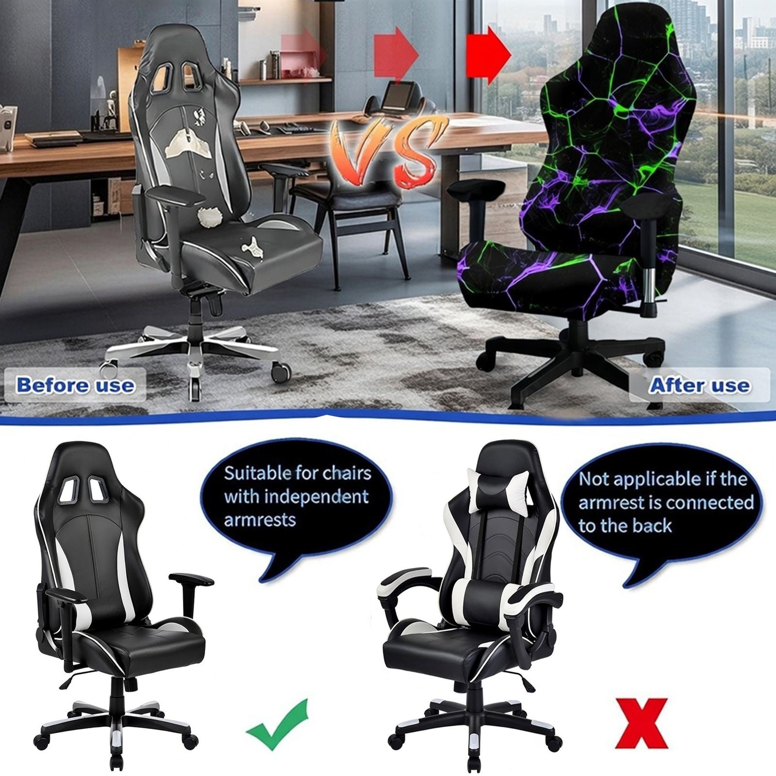 Neon Fracture gaming chair cover glowing vividly under blacklight.