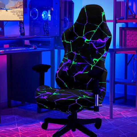 Full view of gaming chair with Neon Fracture UV reactive cover installed.