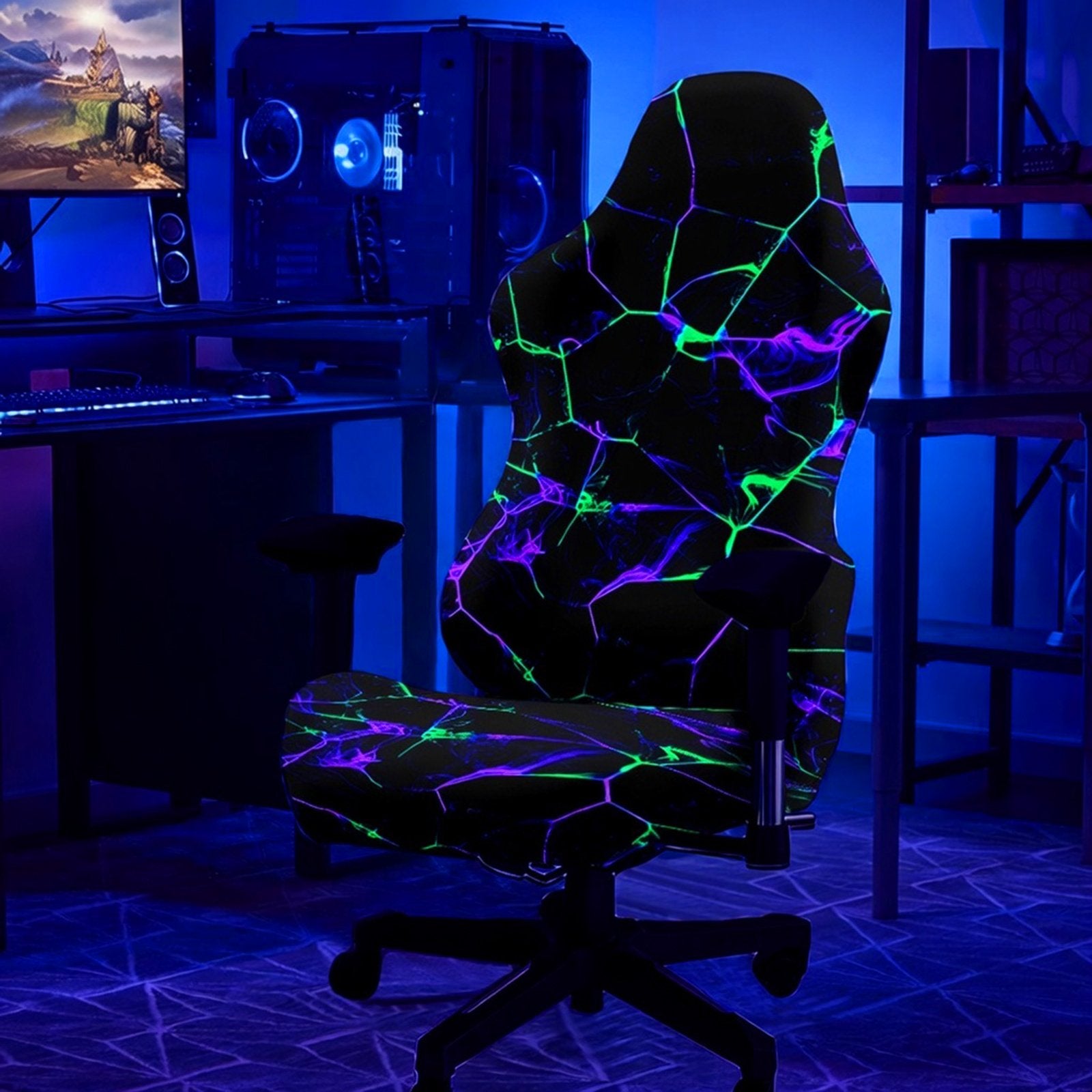 Neon Fracture cover on gaming chair in an immersive cyberpunk setup.
