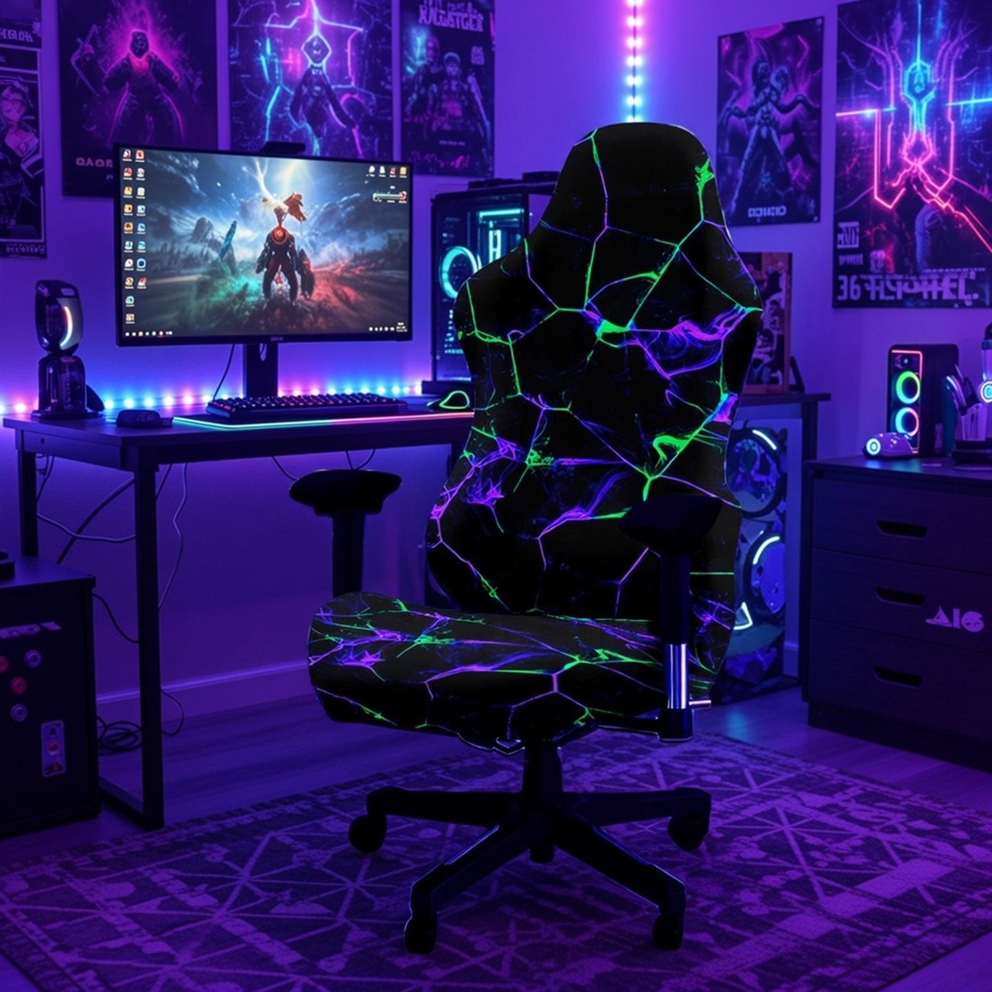 Gamer streaming live with Neon Fracture UV reactive chair cover.