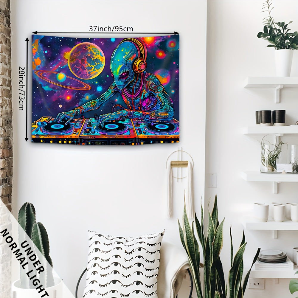Simpkeely Fun Alien DJing Planet UV Black Light Tapestry, Large Size Peach Skin Fluorescent Tapestry, Bedroom Aesthetic Hanging Tapestry For Bedroom Office Living Room Home Decor, With Free Accessories