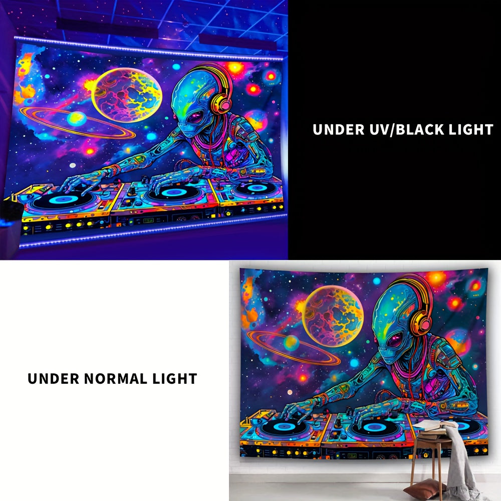 Simpkeely Fun Alien DJing Planet UV Black Light Tapestry, Large Size Peach Skin Fluorescent Tapestry, Bedroom Aesthetic Hanging Tapestry For Bedroom Office Living Room Home Decor, With Free Accessories