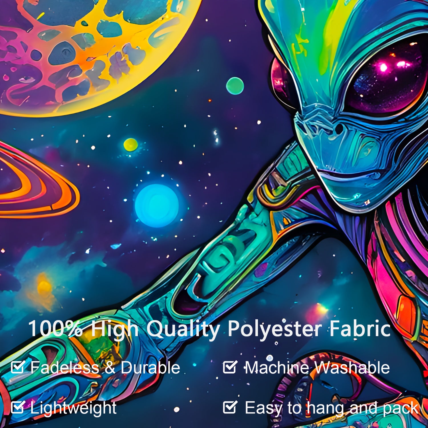 Simpkeely Fun Alien DJing Planet UV Black Light Tapestry, Large Size Peach Skin Fluorescent Tapestry, Bedroom Aesthetic Hanging Tapestry For Bedroom Office Living Room Home Decor, With Free Accessories