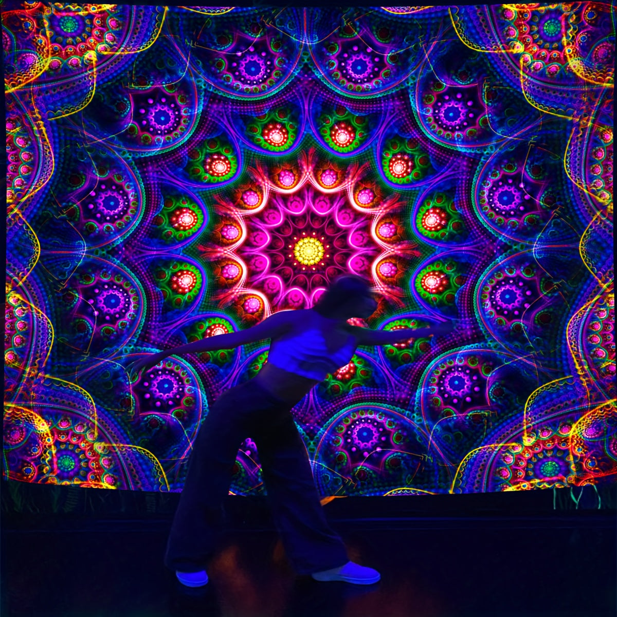 Simpkeely Bohemian Mandala Fluorescent Tapestry, Hippy Colorful Aesthetic Polyster UV Blacklight Tapestry, Wall Hanging For Living Room Bedroom Office Home Decor/Room Decor/Party Decor, With Free Installation Package