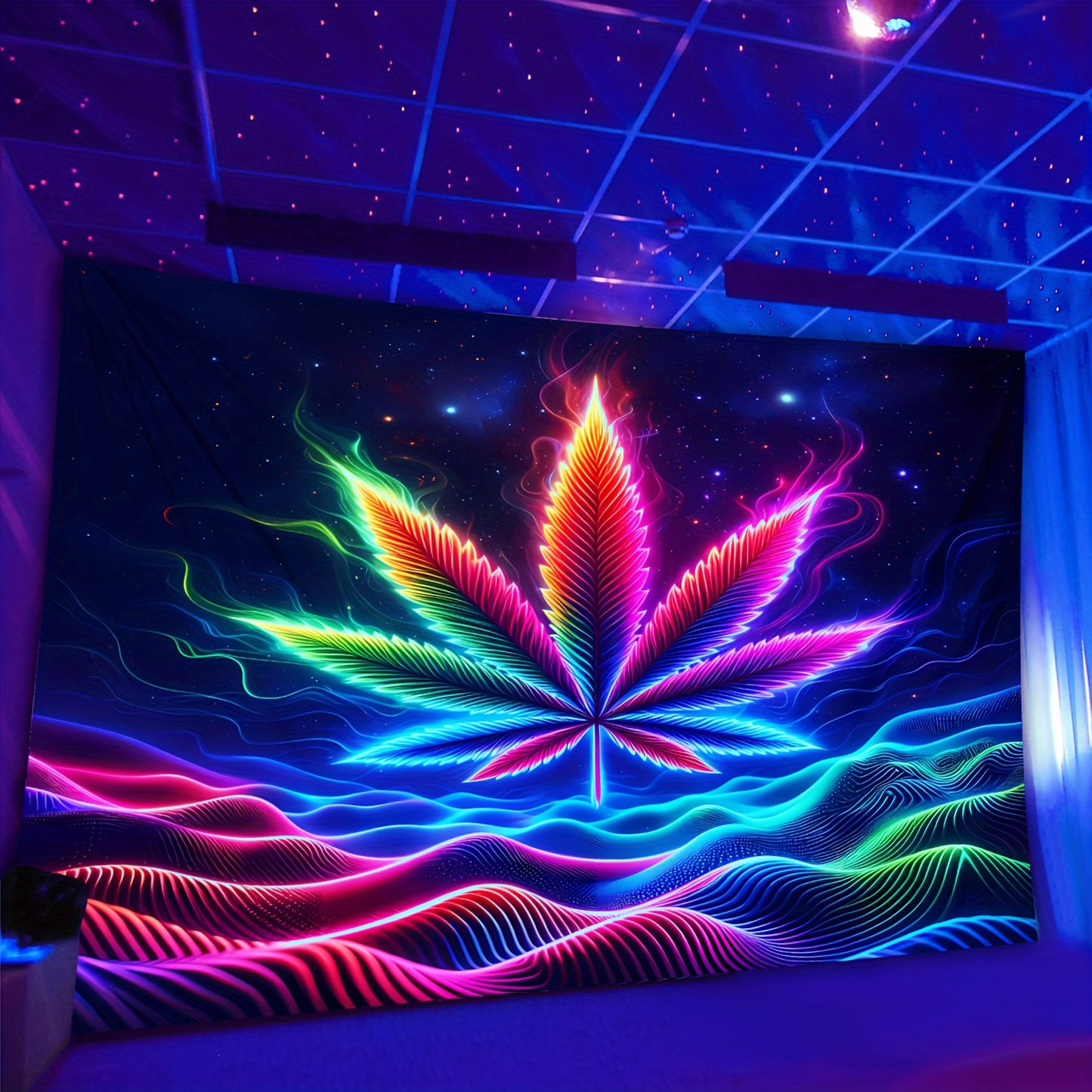 Simpkeely Space Sense, Waves, Big Leaf UV Black Light Tapestry, Large Size Peach Skin Fluorescent Tapestry, Bedroom Aesthetic Hanging Tapestry For Bedroom Office Living Room Home Decor, With Free Accessories