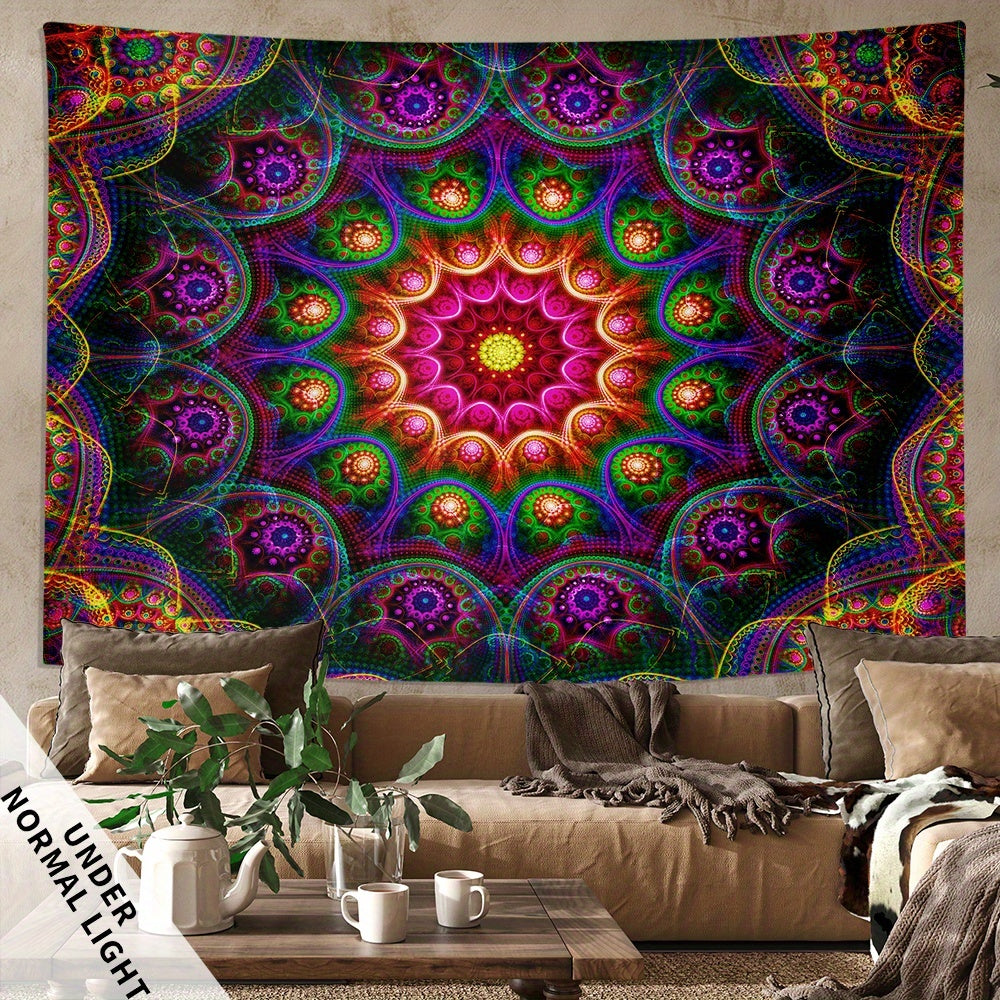 Simpkeely Bohemian Mandala Fluorescent Tapestry, Hippy Colorful Aesthetic Polyster UV Blacklight Tapestry, Wall Hanging For Living Room Bedroom Office Home Decor/Room Decor/Party Decor, With Free Installation Package