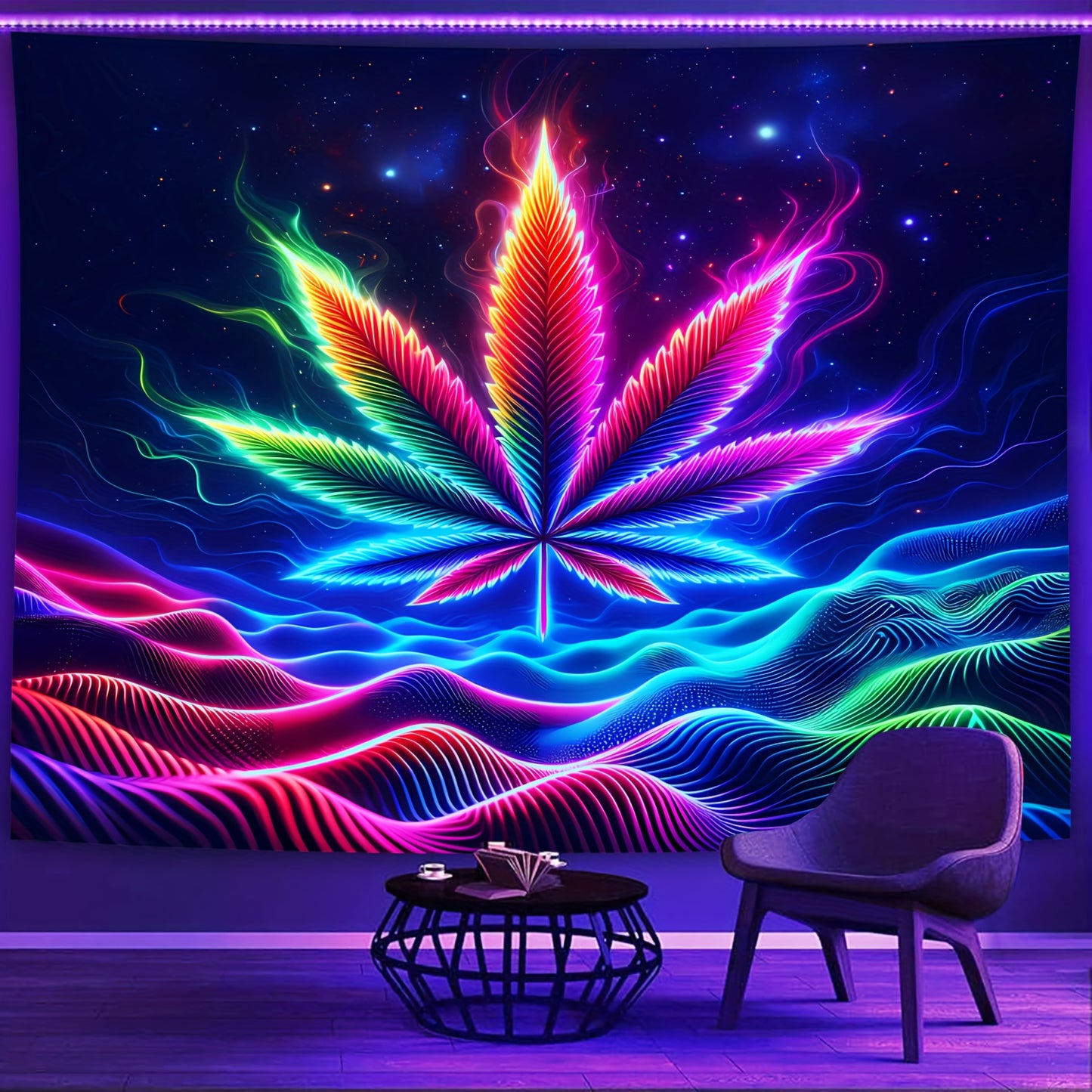 Simpkeely Space Sense, Waves, Big Leaf UV Black Light Tapestry, Large Size Peach Skin Fluorescent Tapestry, Bedroom Aesthetic Hanging Tapestry For Bedroom Office Living Room Home Decor, With Free Accessories