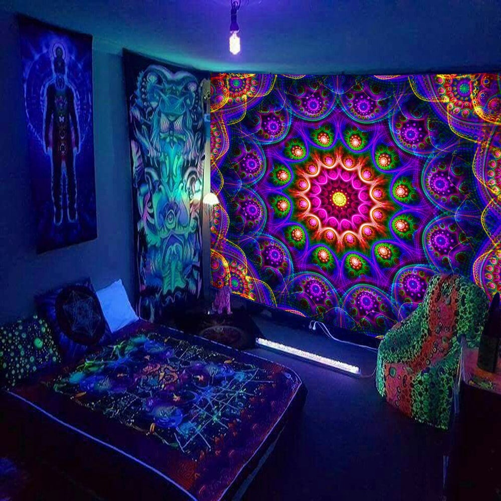 Simpkeely Bohemian Mandala Fluorescent Tapestry, Hippy Colorful Aesthetic Polyster UV Blacklight Tapestry, Wall Hanging For Living Room Bedroom Office Home Decor/Room Decor/Party Decor, With Free Installation Package