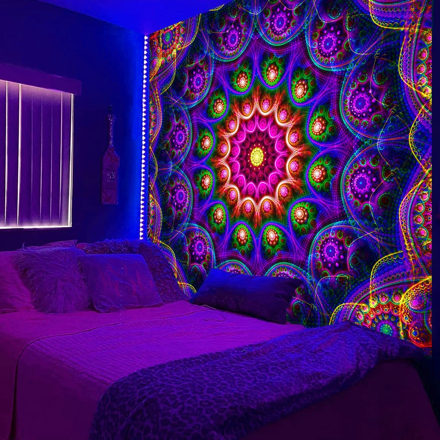 Simpkeely Bohemian Mandala Fluorescent Tapestry, Hippy Colorful Aesthetic Polyster UV Blacklight Tapestry, Wall Hanging For Living Room Bedroom Office Home Decor/Room Decor/Party Decor, With Free Installation Package