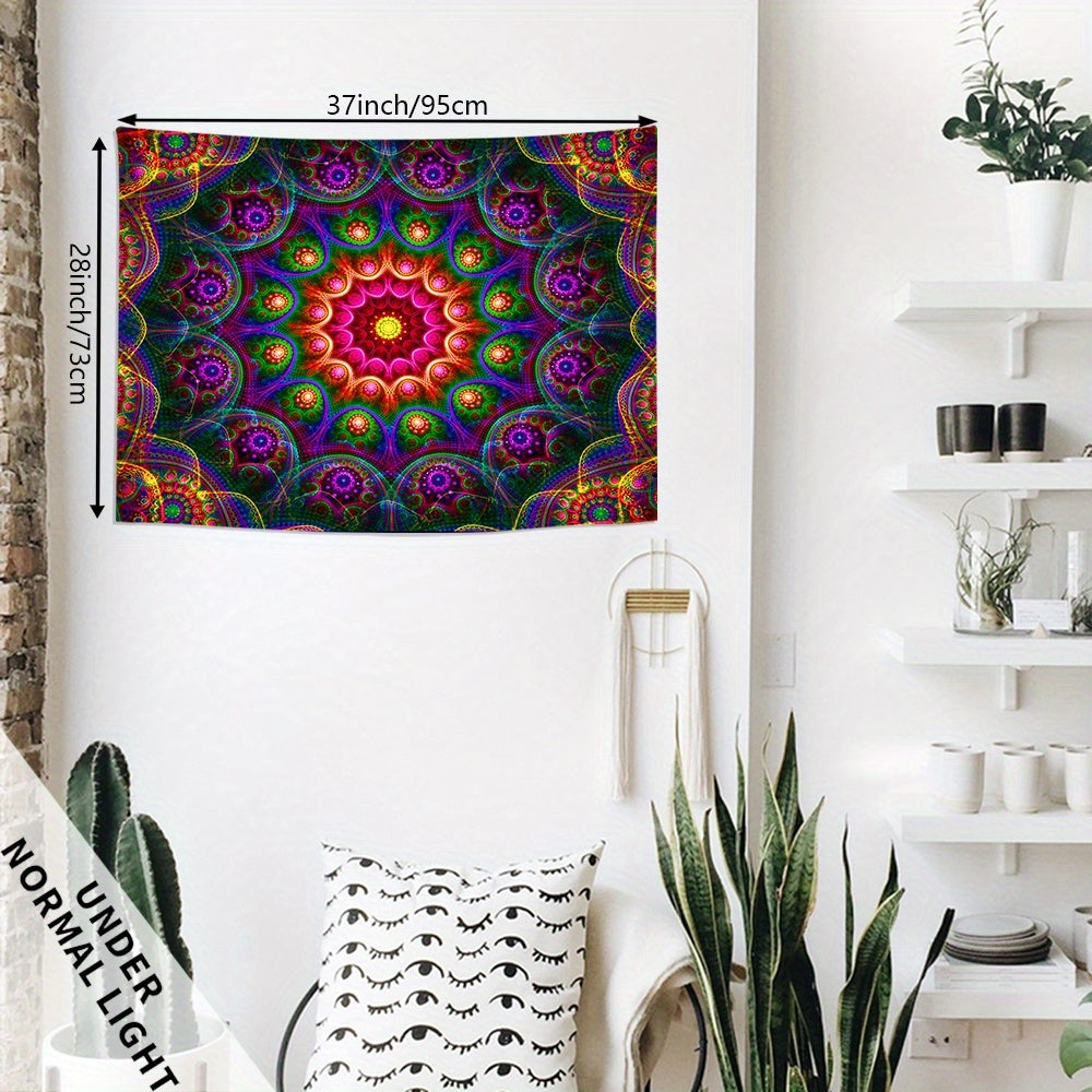 Simpkeely Bohemian Mandala Fluorescent Tapestry, Hippy Colorful Aesthetic Polyster UV Blacklight Tapestry, Wall Hanging For Living Room Bedroom Office Home Decor/Room Decor/Party Decor, With Free Installation Package