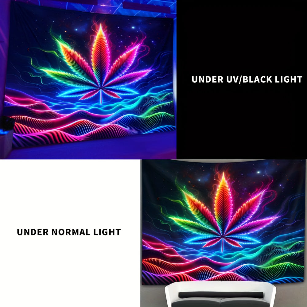 Simpkeely Space Sense, Waves, Big Leaf UV Black Light Tapestry, Large Size Peach Skin Fluorescent Tapestry, Bedroom Aesthetic Hanging Tapestry For Bedroom Office Living Room Home Decor, With Free Accessories