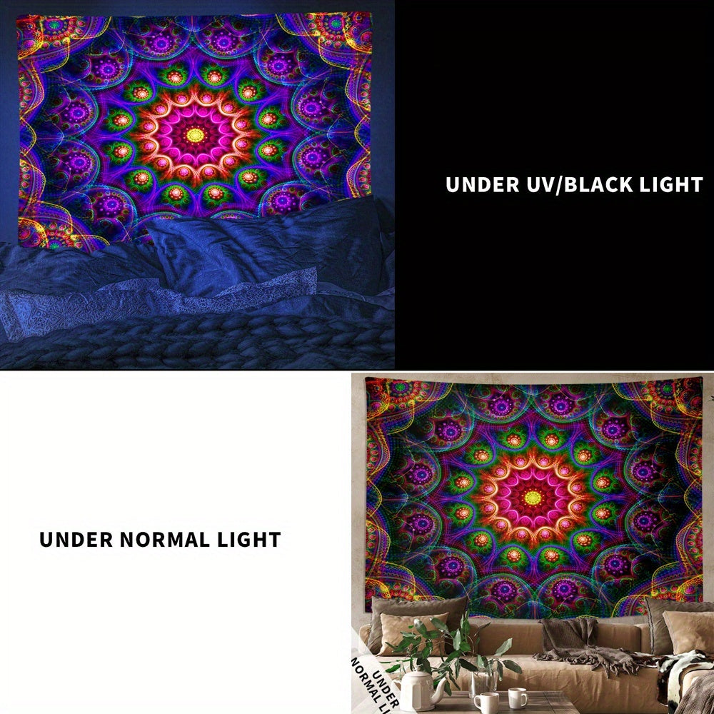 Simpkeely Bohemian Mandala Fluorescent Tapestry, Hippy Colorful Aesthetic Polyster UV Blacklight Tapestry, Wall Hanging For Living Room Bedroom Office Home Decor/Room Decor/Party Decor, With Free Installation Package