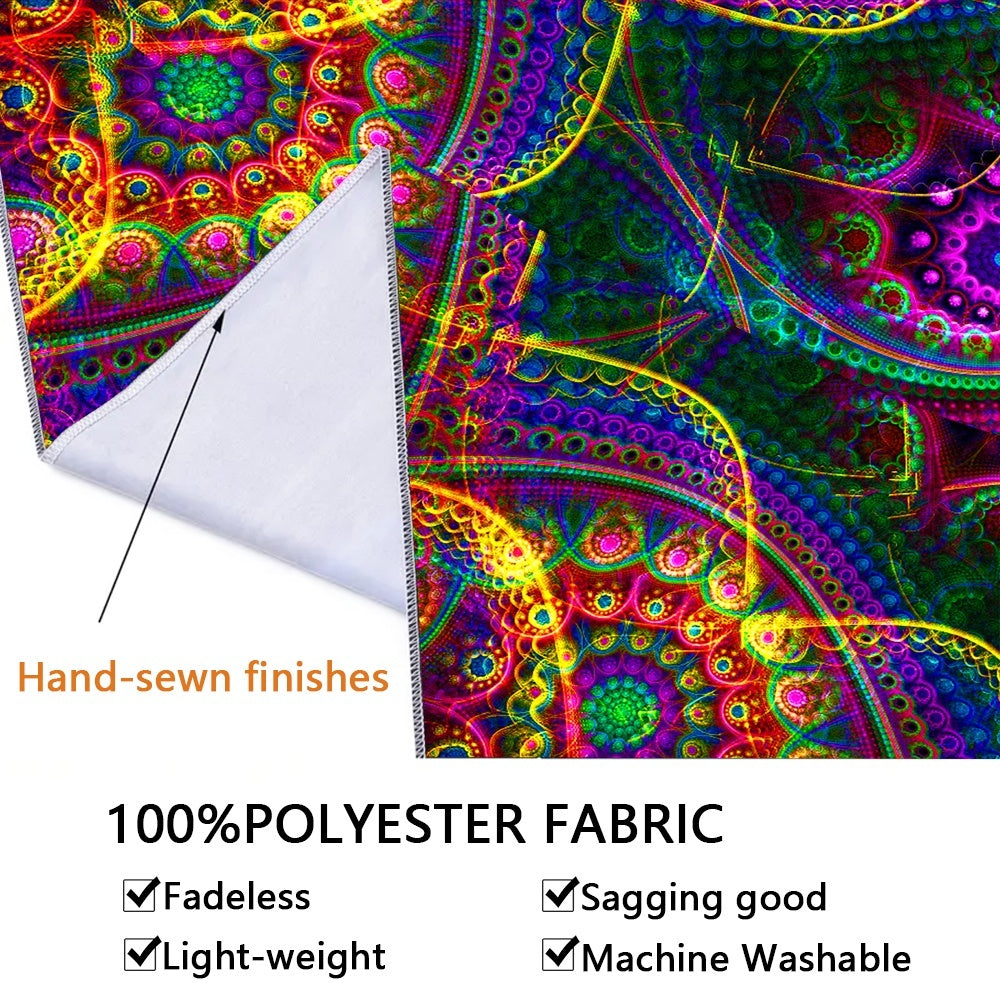 Simpkeely Bohemian Mandala Fluorescent Tapestry, Hippy Colorful Aesthetic Polyster UV Blacklight Tapestry, Wall Hanging For Living Room Bedroom Office Home Decor/Room Decor/Party Decor, With Free Installation Package