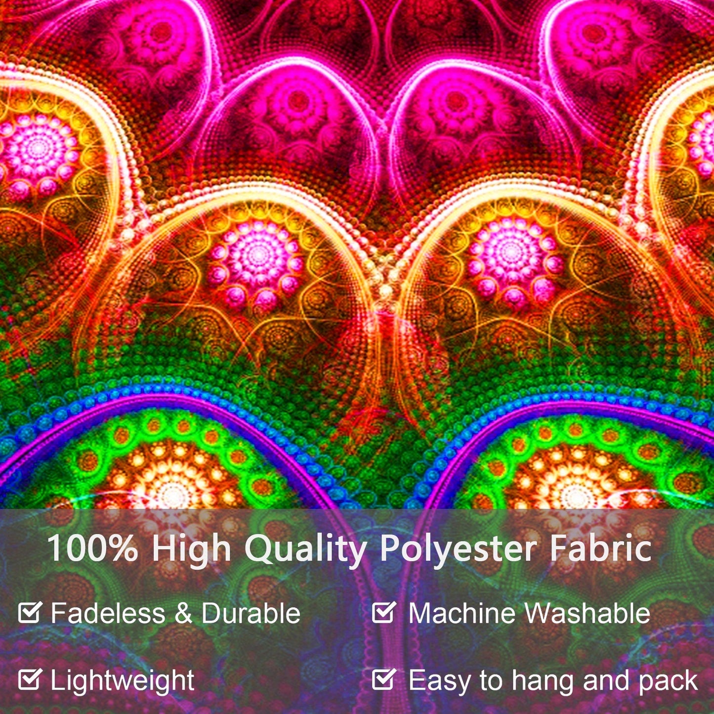 Simpkeely Bohemian Mandala Fluorescent Tapestry, Hippy Colorful Aesthetic Polyster UV Blacklight Tapestry, Wall Hanging For Living Room Bedroom Office Home Decor/Room Decor/Party Decor, With Free Installation Package