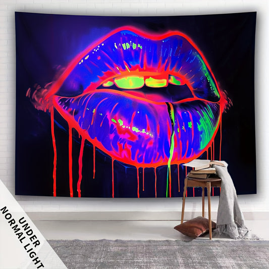 Simpkeely Vibrant UV Reactive Lip Tapestry - Large Fluorescent Wall Hanging with Glowing Neon Colors, Peach Skin Fabric, Indoor Decor for Bedroom, Living Room, or Party, Includes Free Accessories
