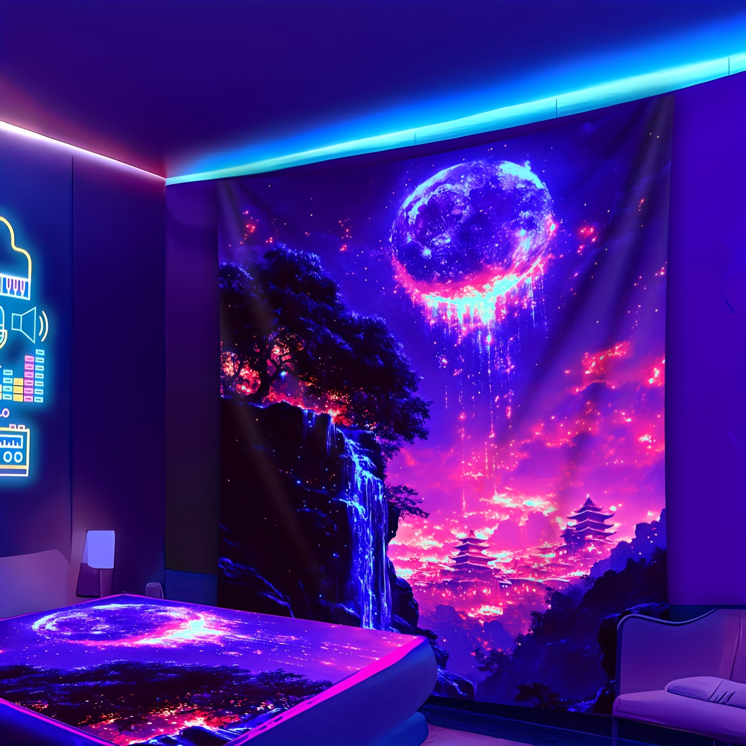 Simpkeely Dreamy Moon Cliff Waterfall UV Black Light Tapestry, Large Size Peach Skin Fluorescent Tapestry, Bedroom Aesthetic Hanging Tapestry for Party Festival, Bedroom Office Living Room Home Decor, Wall Decoration
