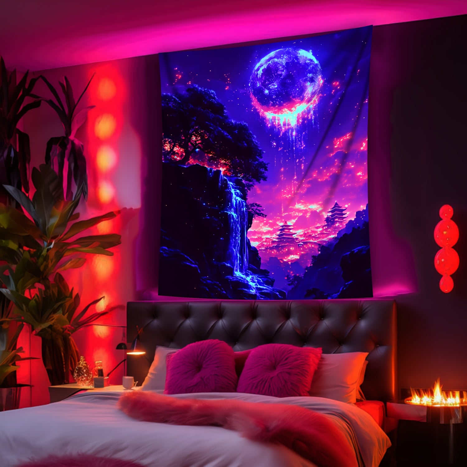 Simpkeely Dreamy Moon Cliff Waterfall UV Black Light Tapestry, Large Size Peach Skin Fluorescent Tapestry, Bedroom Aesthetic Hanging Tapestry for Party Festival, Bedroom Office Living Room Home Decor, Wall Decoration