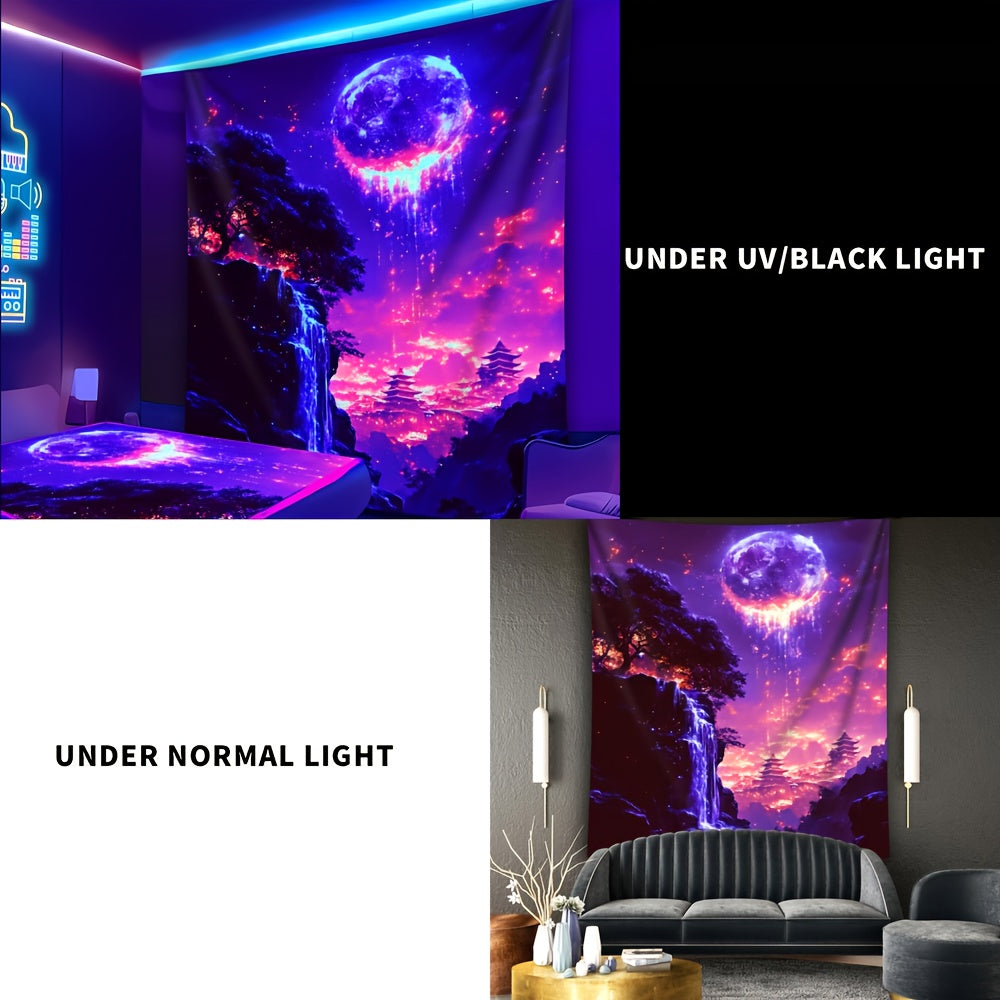 Simpkeely Dreamy Moon Cliff Waterfall UV Black Light Tapestry, Large Size Peach Skin Fluorescent Tapestry, Bedroom Aesthetic Hanging Tapestry for Party Festival, Bedroom Office Living Room Home Decor, Wall Decoration