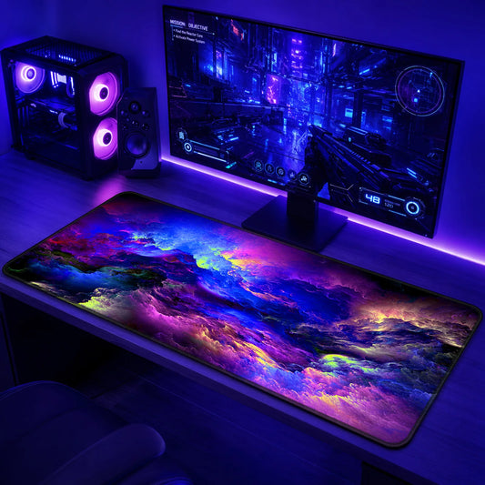 Flat lay of Nebula Swirl UV reactive gaming mouse pad, cosmic design.
