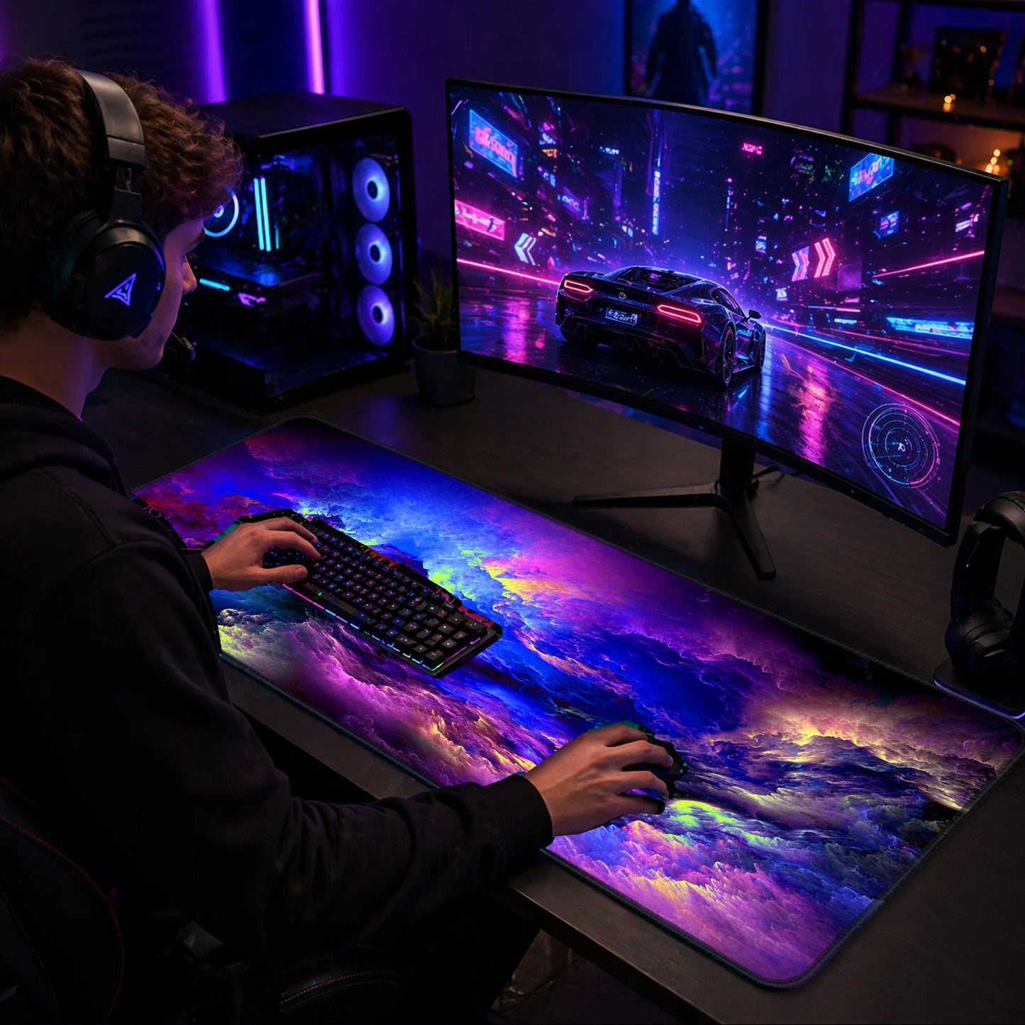 Nebula Swirl mouse pad on gaming desk with keyboard, mouse, headset.