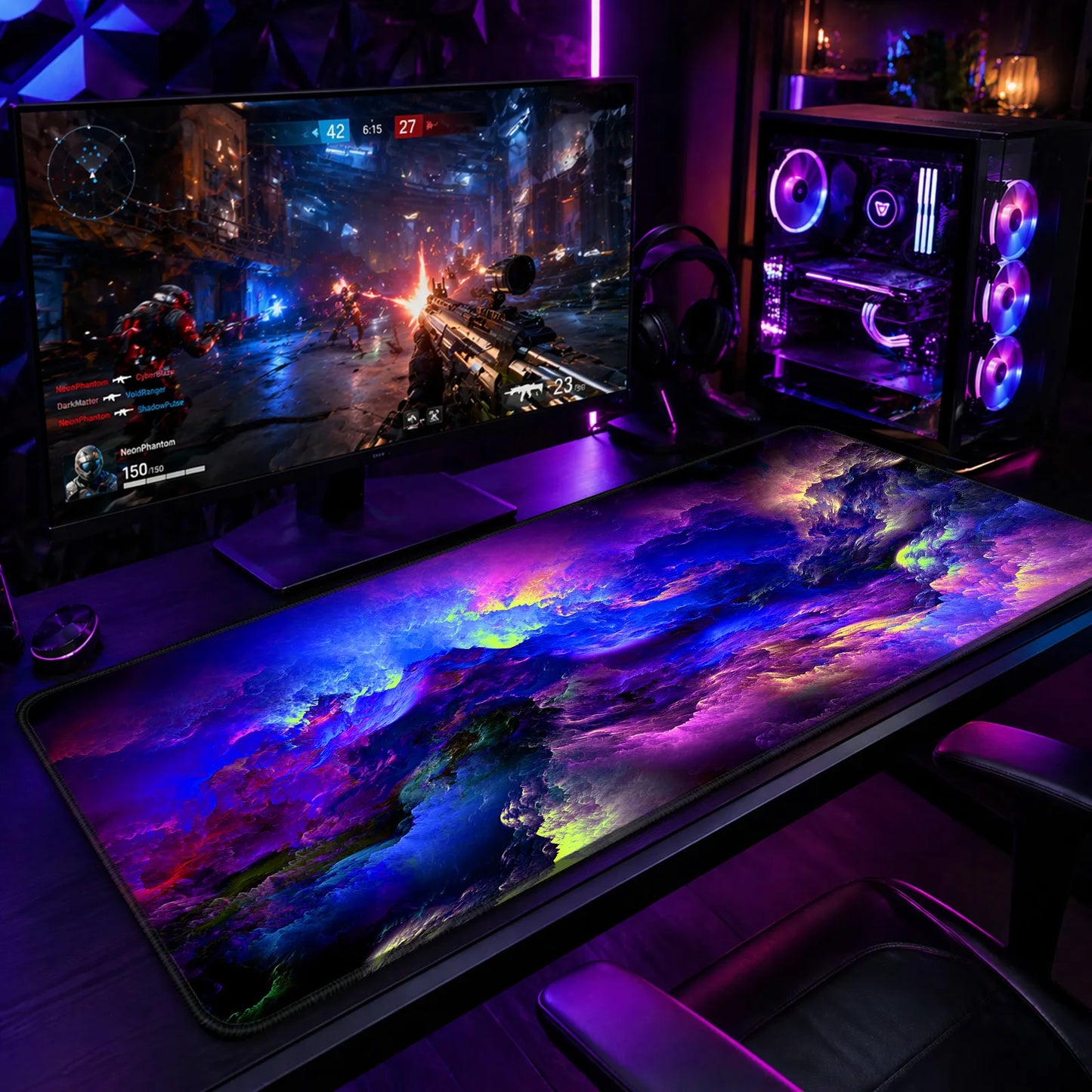 Streamer setup featuring Nebula Swirl UV desk mat enhancing the aesthetic.