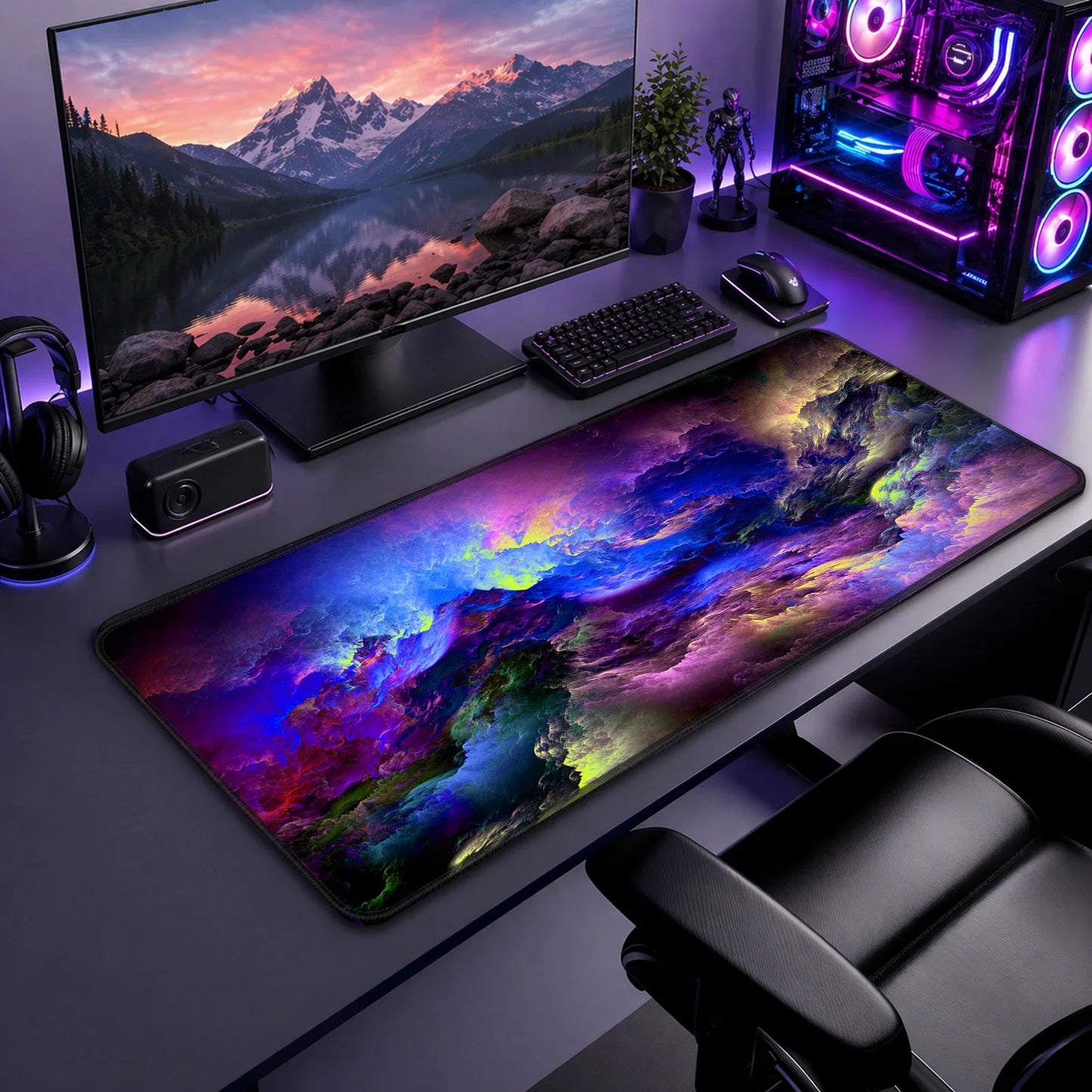 Nebula Swirl mouse pad glowing intensely under UV blacklight, ethereal effect.