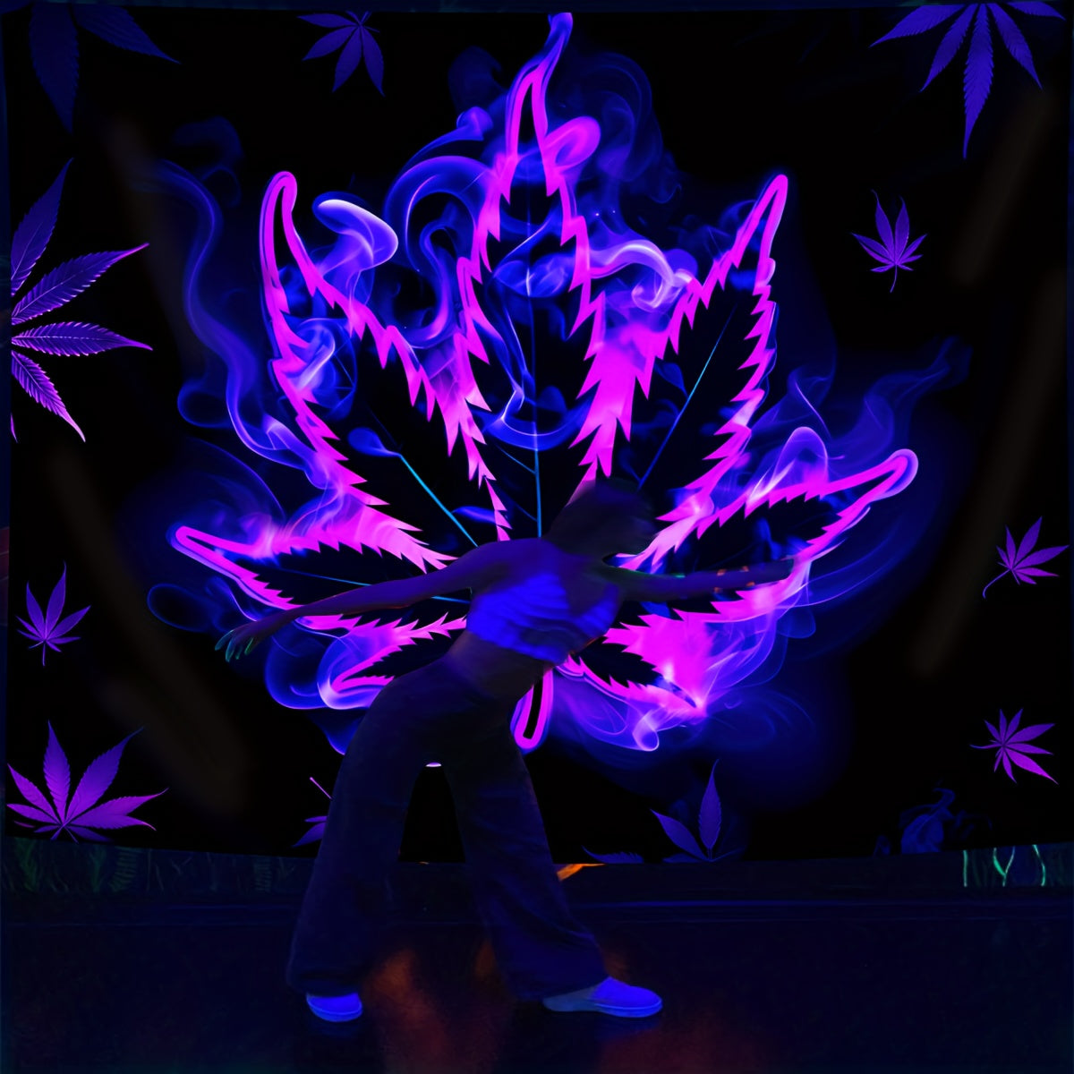 Simpkeely Hippy Purple leaf Fluorescent Tapestry, Aesthetic Polyster UV BlackLight Tapestry, Wall Hanging For Living Room Bedroom Office Home Decor/Room Decor/Party Deco, Festival Gifts With Free Installation Package