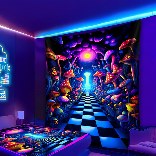 Simpkeely Mysterious Mushroom Forest Trail UV Black Light Tapestry, Large Size Peach Skin Fluorescent Tapestry, Bedroom Aesthetic Hanging Tapestry For Party Festival, Bedroom Office Living Room Home Decor, Wall Decoration