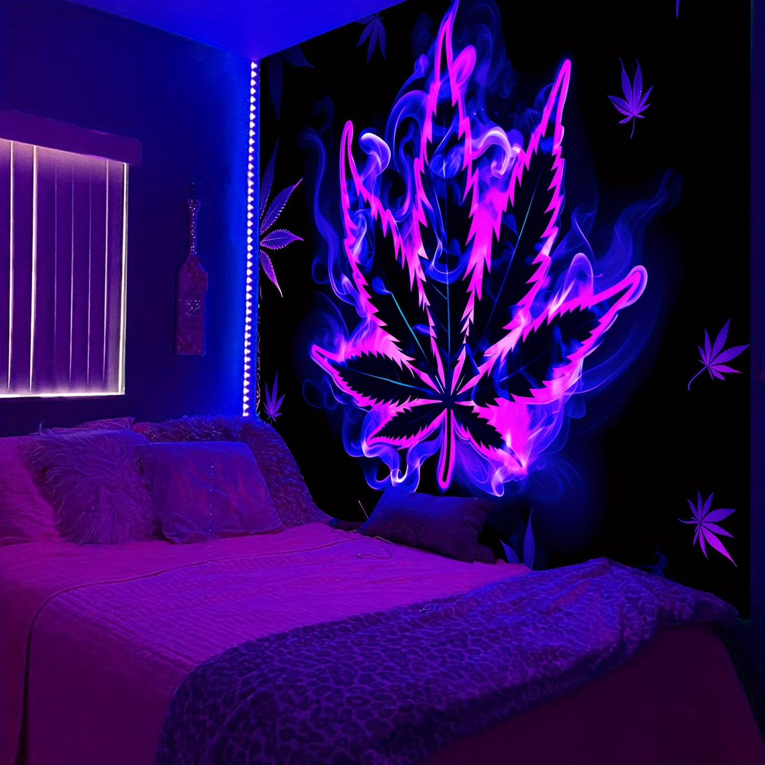 Simpkeely Hippy Purple leaf Fluorescent Tapestry, Aesthetic Polyster UV BlackLight Tapestry, Wall Hanging For Living Room Bedroom Office Home Decor/Room Decor/Party Deco, Festival Gifts With Free Installation Package