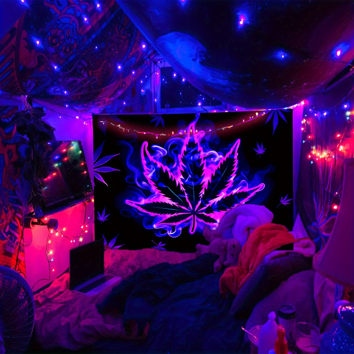 Simpkeely Hippy Purple leaf Fluorescent Tapestry, Aesthetic Polyster UV BlackLight Tapestry, Wall Hanging For Living Room Bedroom Office Home Decor/Room Decor/Party Deco, Festival Gifts With Free Installation Package