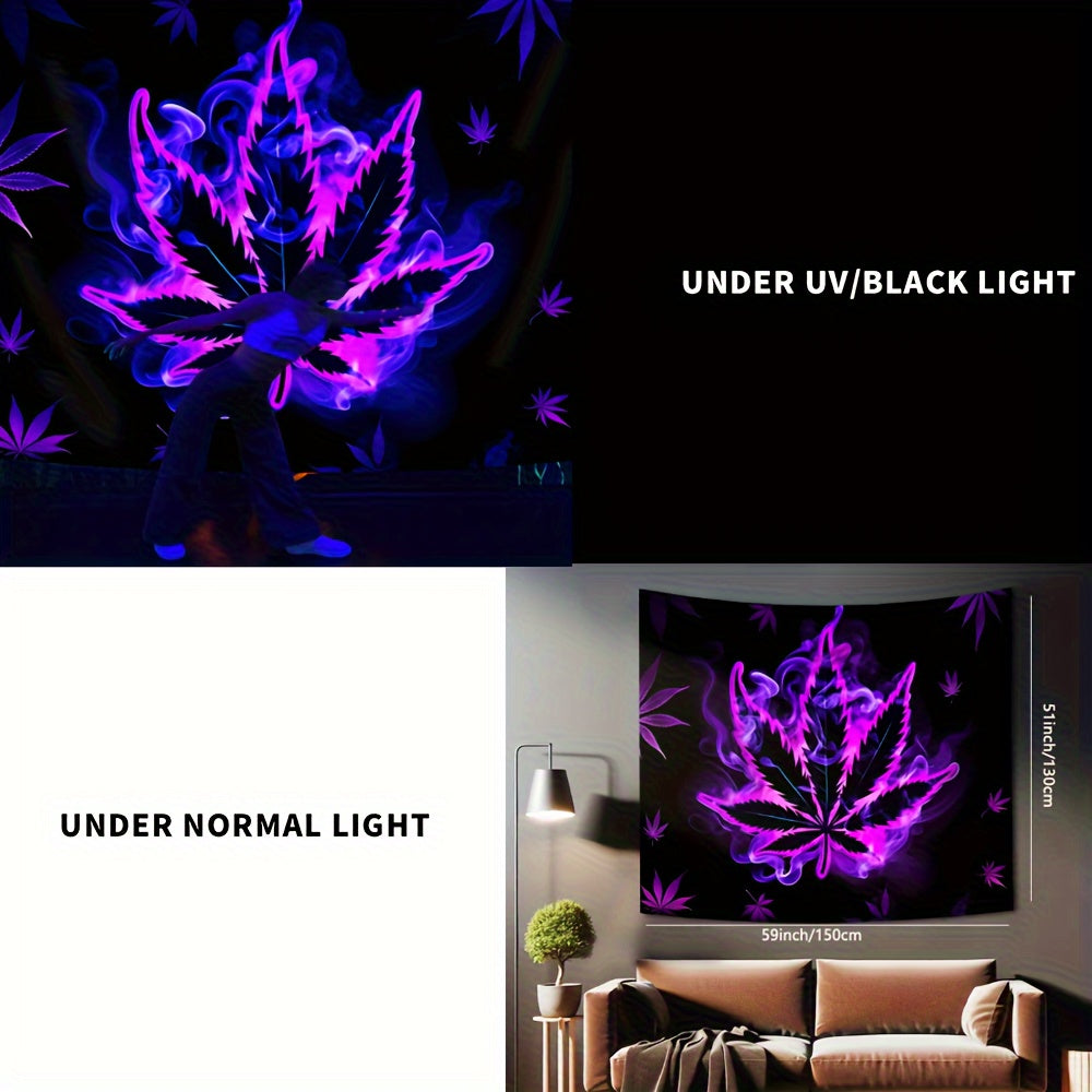 Simpkeely Hippy Purple leaf Fluorescent Tapestry, Aesthetic Polyster UV BlackLight Tapestry, Wall Hanging For Living Room Bedroom Office Home Decor/Room Decor/Party Deco, Festival Gifts With Free Installation Package