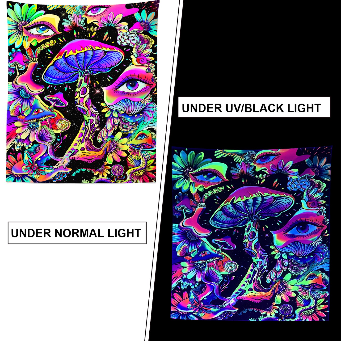 Simpkeely Blacklight Mushroom Tapestry, Floral Eyes Tapestry UV Reactive Neon Tapestries Posters Glow in the Dark Party Backdrop for Bedroom Dorm Living Room