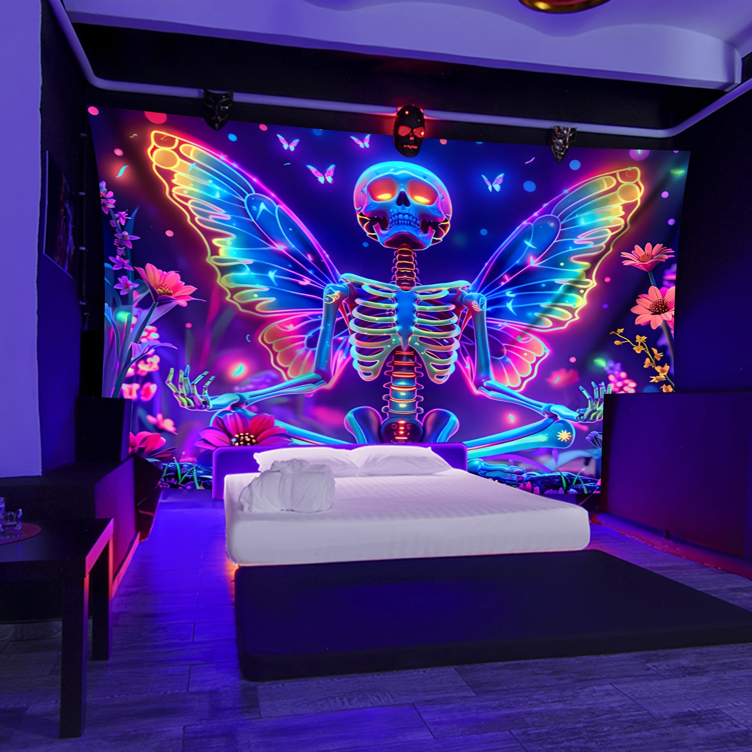 Simpkeely Fun Skull Wings, Flower Butterfly UV Black Light Tapestry, Large Size Peach Skin Fluorescent Tapestry, Bedroom Aesthetic Hanging Tapestry for Party Festival, Bedroom Office Living Room Home Decor, Wall Decoration