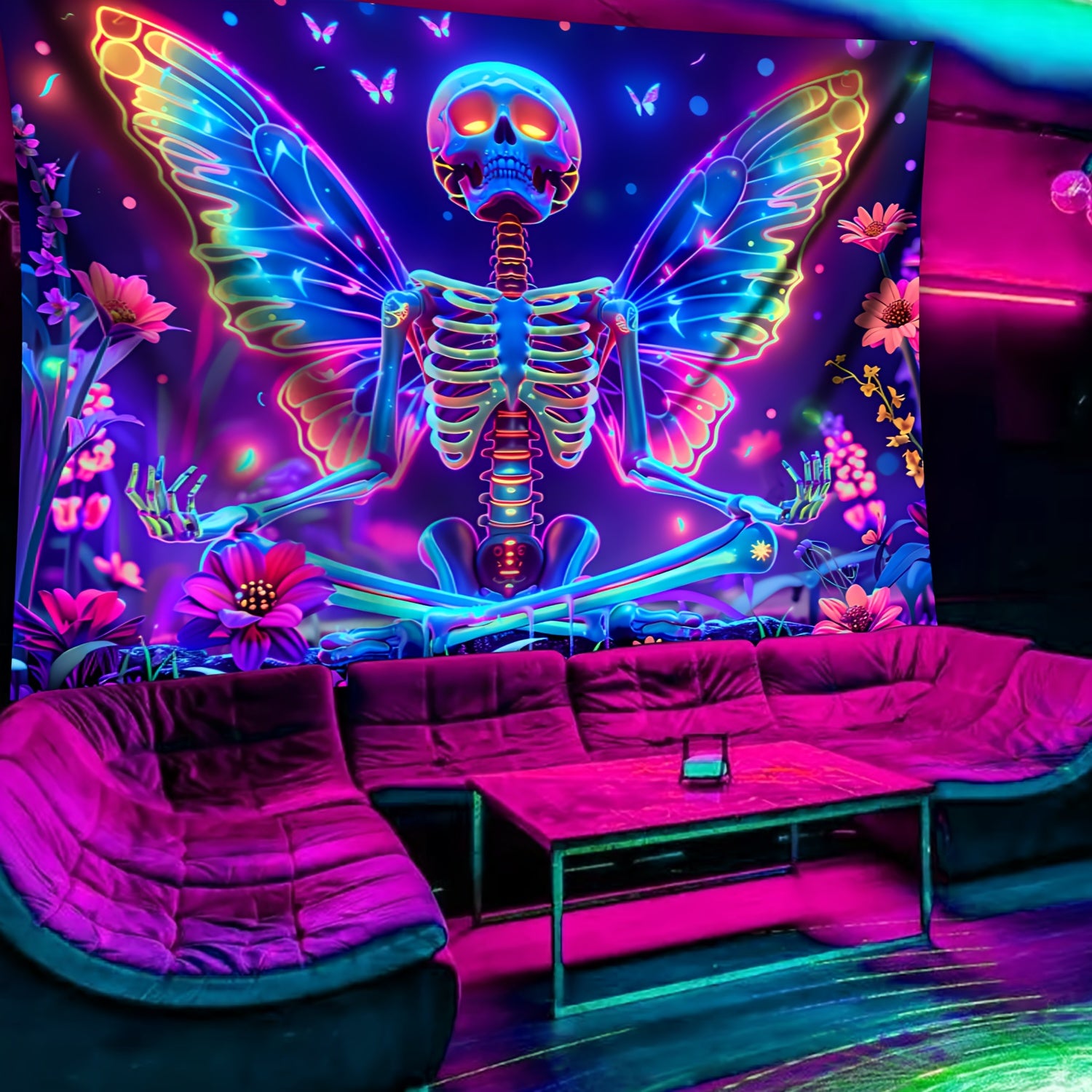 Simpkeely Fun Skull Wings, Flower Butterfly UV Black Light Tapestry, Large Size Peach Skin Fluorescent Tapestry, Bedroom Aesthetic Hanging Tapestry for Party Festival, Bedroom Office Living Room Home Decor, Wall Decoration