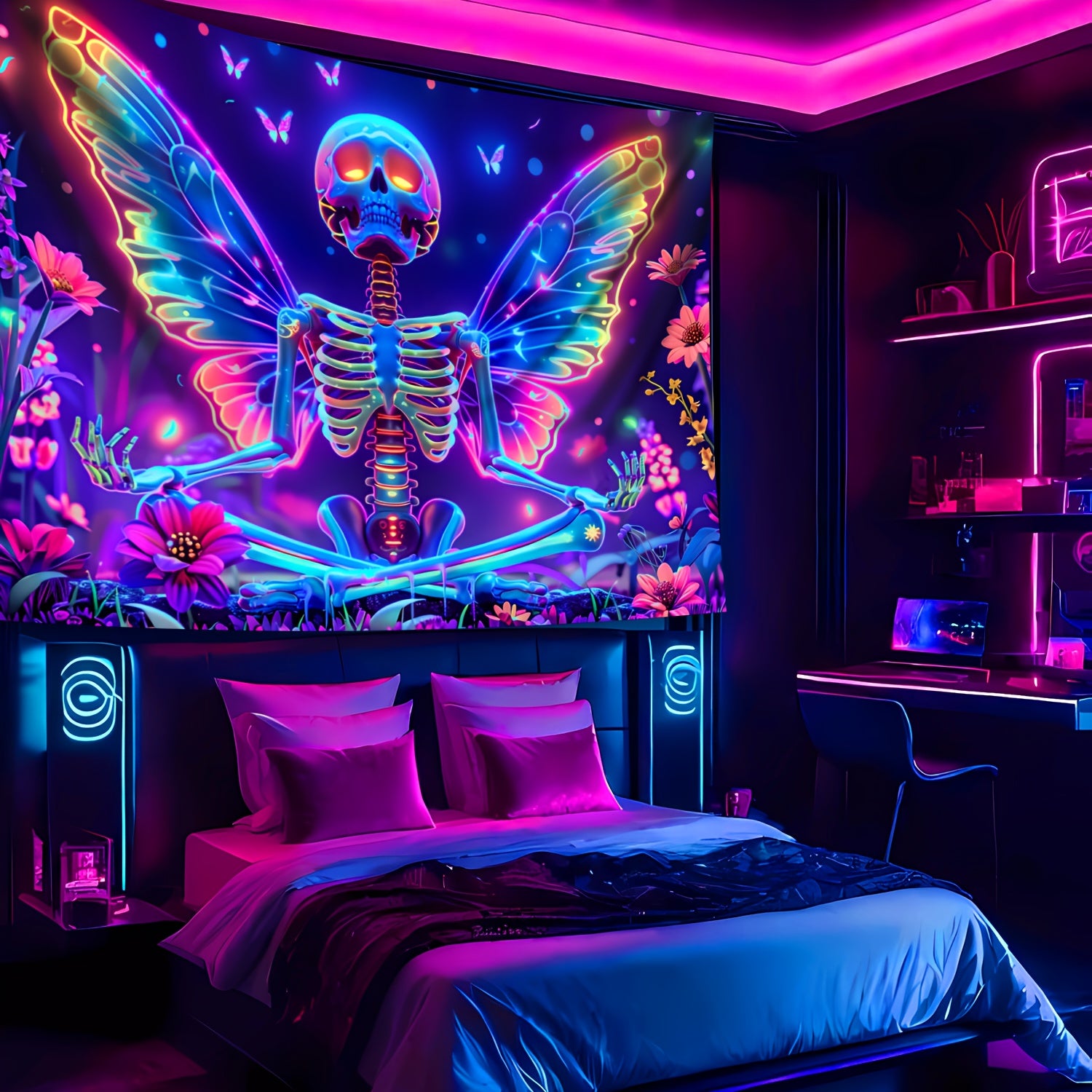 Simpkeely Fun Skull Wings, Flower Butterfly UV Black Light Tapestry, Large Size Peach Skin Fluorescent Tapestry, Bedroom Aesthetic Hanging Tapestry for Party Festival, Bedroom Office Living Room Home Decor, Wall Decoration
