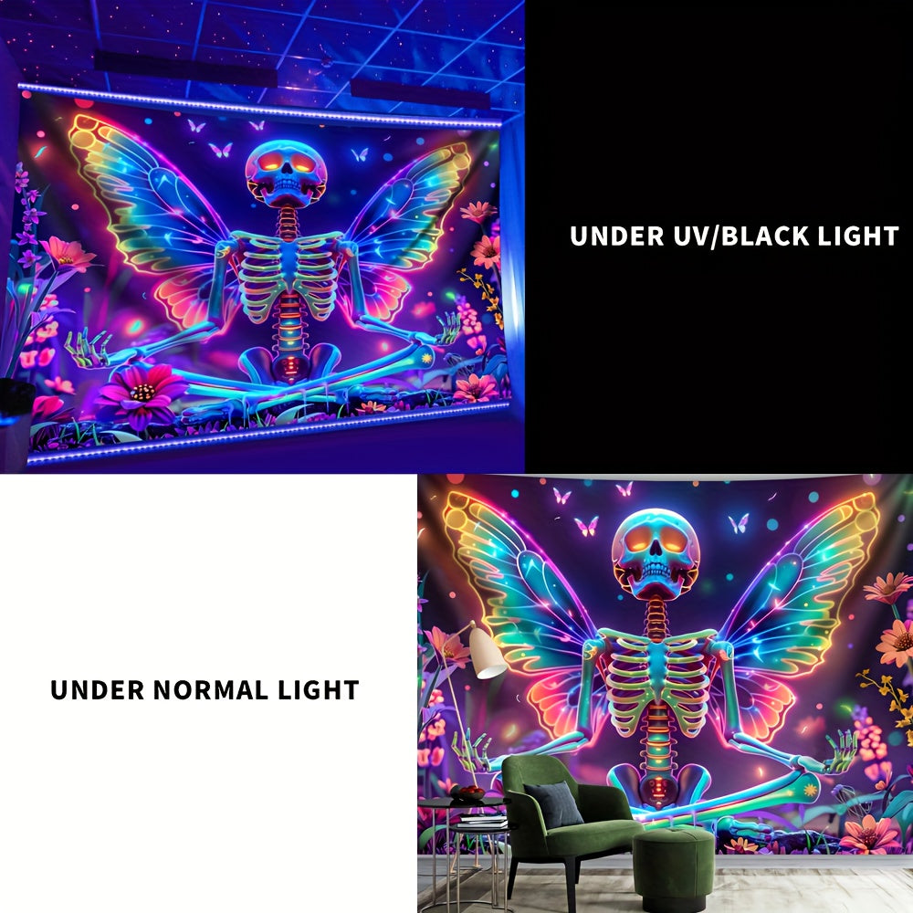 Simpkeely Fun Skull Wings, Flower Butterfly UV Black Light Tapestry, Large Size Peach Skin Fluorescent Tapestry, Bedroom Aesthetic Hanging Tapestry for Party Festival, Bedroom Office Living Room Home Decor, Wall Decoration