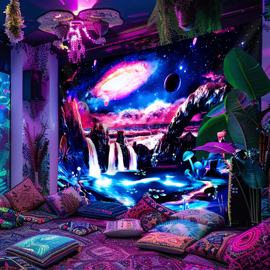 Simpkeely Waterfall Forest Plants Fluorescent Tapestry, Starry Sky Large Size Colorful aesthetics Polyster UV BlackLight Tapestry, Wall Hanging For Living Room Bedroom Office Home Decor/Room Decor/Party Deco, Holiday Gift With Free Installation Package
