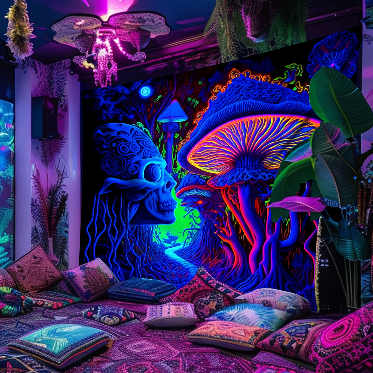 Simpkeely Terrifying Skull Mushroom UV Black Light Tapestry, Large Size Peach Skin Fluorescent Tapestry, Bedroom Aesthetic Hanging Tapestry For Party Festival, Bedroom Office Living Room Home Decor, Wall Decoration