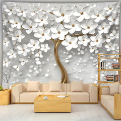 Simpkeely 3D Stereoscopic White Tree Of Life Landscape Photo Background Cloth Wall Hanging Large Size Polyester Tapestry For Living Room Bedroom Office Home Room Party Decoration Live Streaming Background Tapestry With Free Hanging Clips