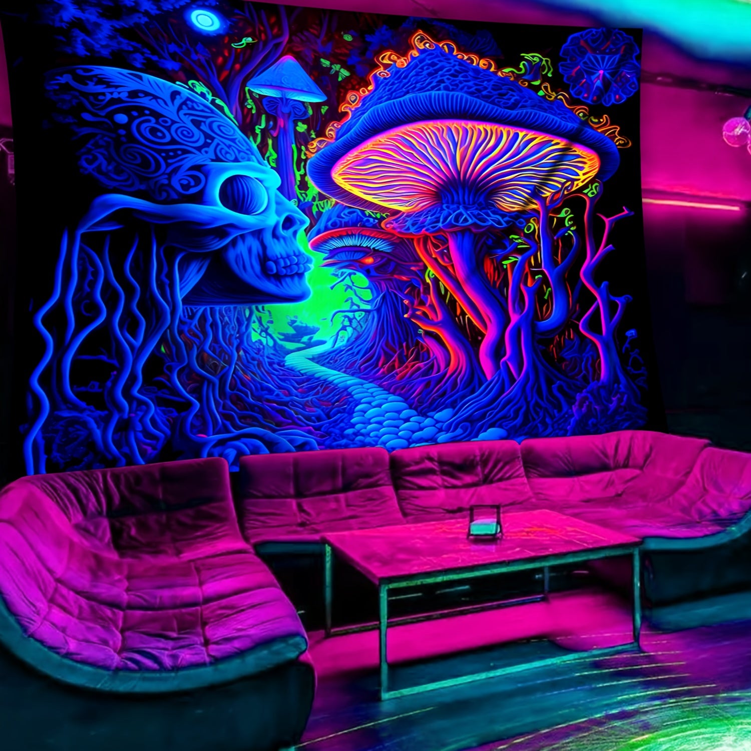 Simpkeely Terrifying Skull Mushroom UV Black Light Tapestry, Large Size Peach Skin Fluorescent Tapestry, Bedroom Aesthetic Hanging Tapestry For Party Festival, Bedroom Office Living Room Home Decor, Wall Decoration