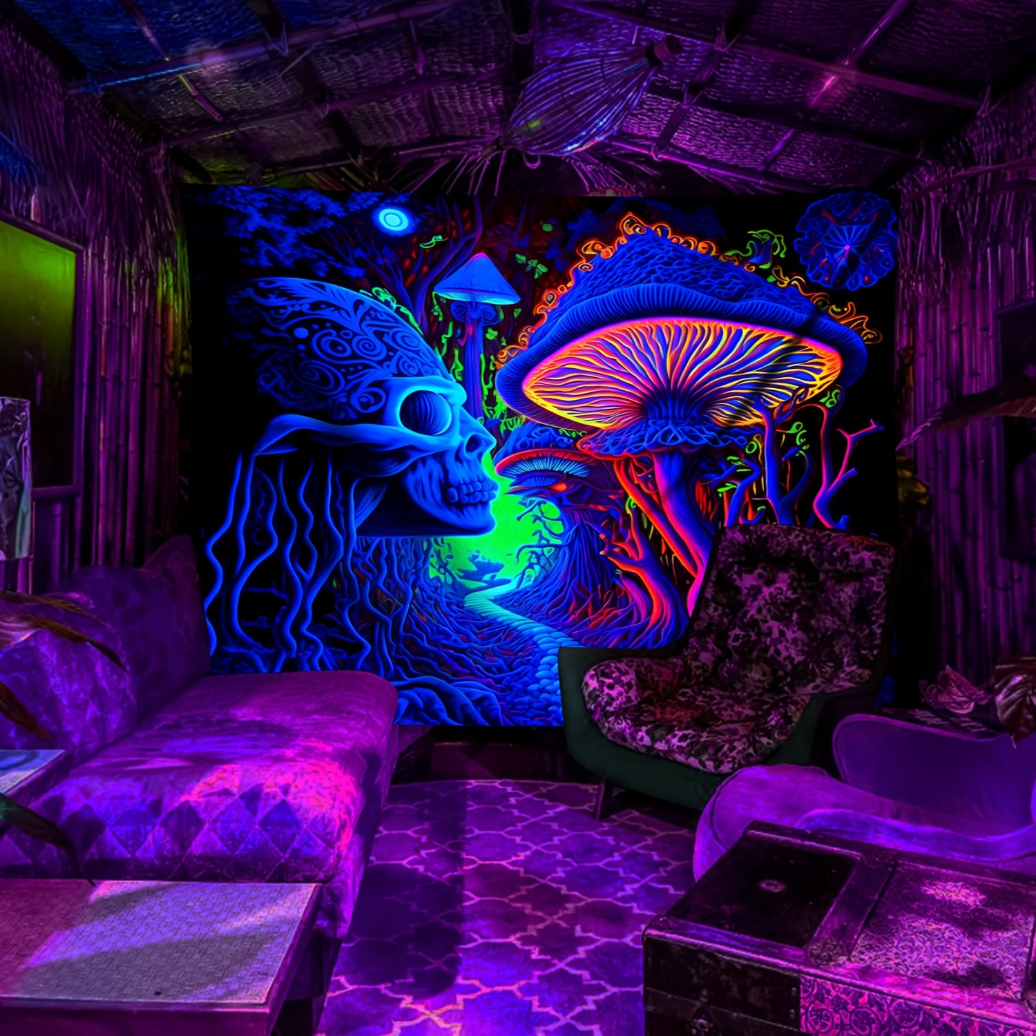 Simpkeely Terrifying Skull Mushroom UV Black Light Tapestry, Large Size Peach Skin Fluorescent Tapestry, Bedroom Aesthetic Hanging Tapestry For Party Festival, Bedroom Office Living Room Home Decor, Wall Decoration