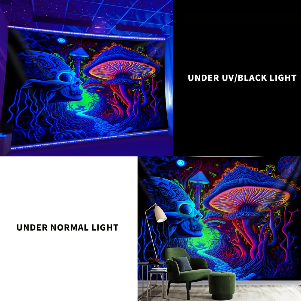 Simpkeely Terrifying Skull Mushroom UV Black Light Tapestry, Large Size Peach Skin Fluorescent Tapestry, Bedroom Aesthetic Hanging Tapestry For Party Festival, Bedroom Office Living Room Home Decor, Wall Decoration