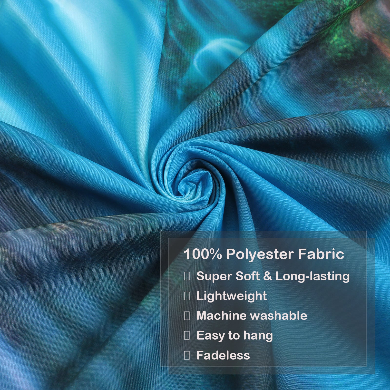 Close-up of fluorescent tapestry fabric texture, stitched edges, vivid waterfall print