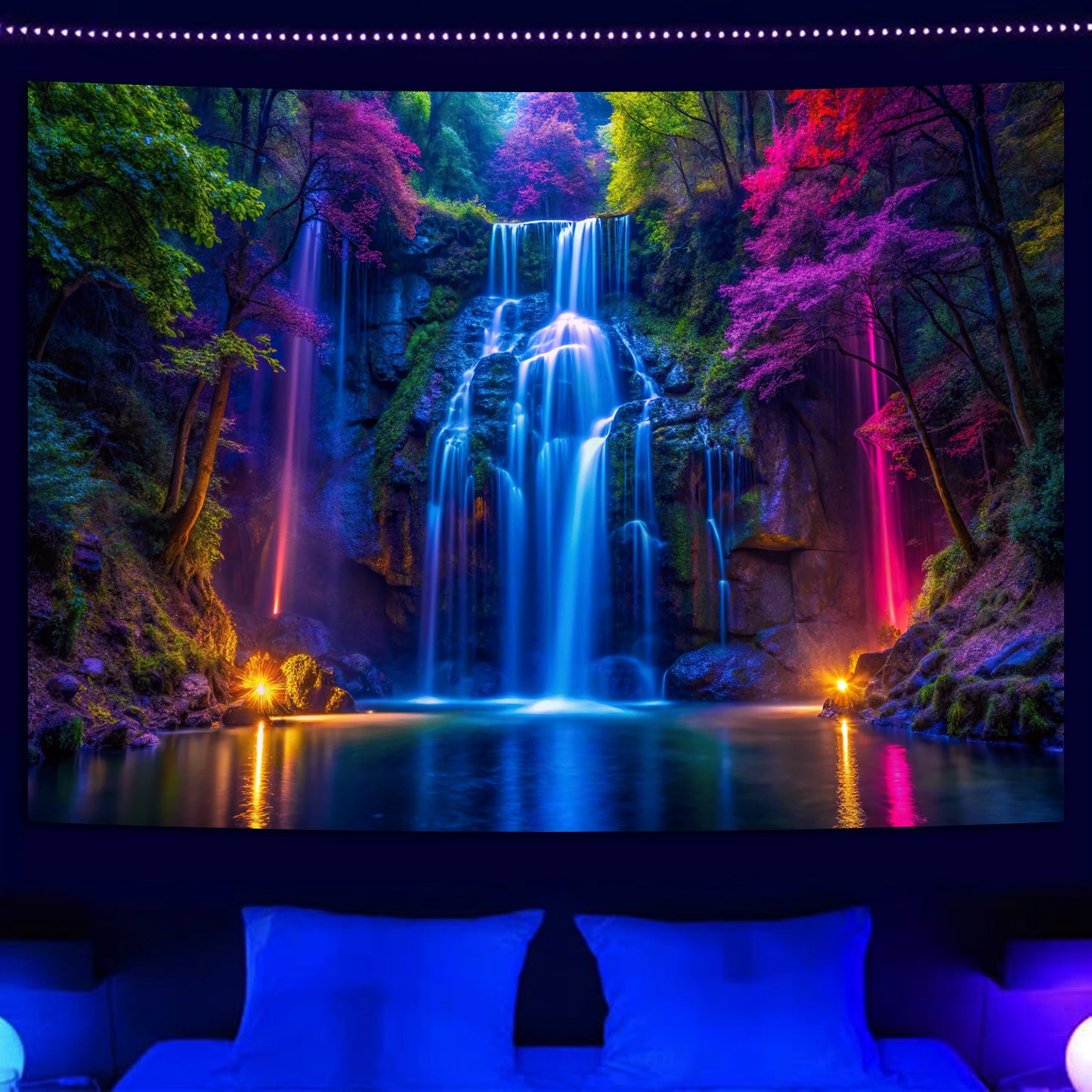 Fluorescent waterfall blacklight tapestry glowing in bedroom, vibrant neon colors, UV wall decor for gaming room
