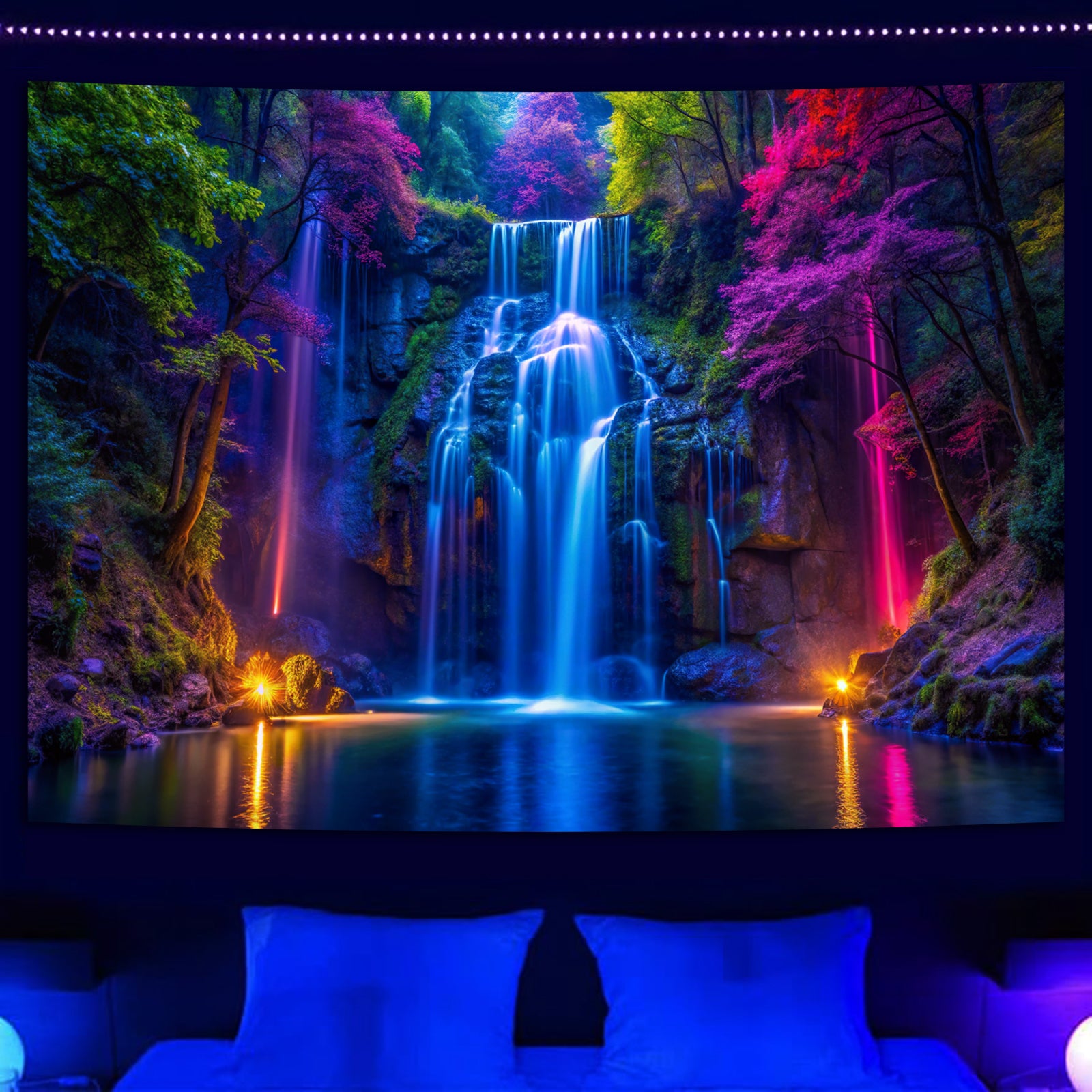Fluorescent waterfall blacklight tapestry glowing in bedroom, vibrant neon colors, UV wall decor for gaming room