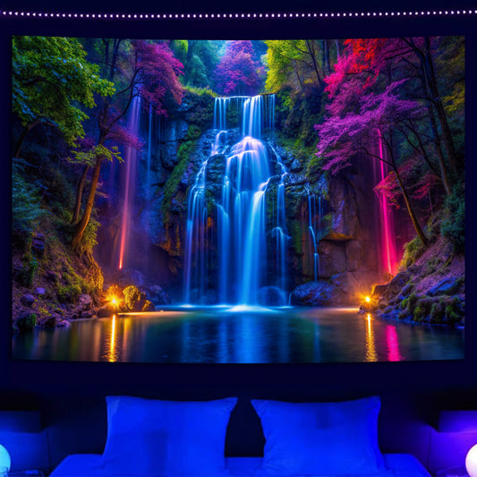 Fluorescent waterfall blacklight tapestry glowing in bedroom, vibrant neon colors, UV wall decor for gaming room