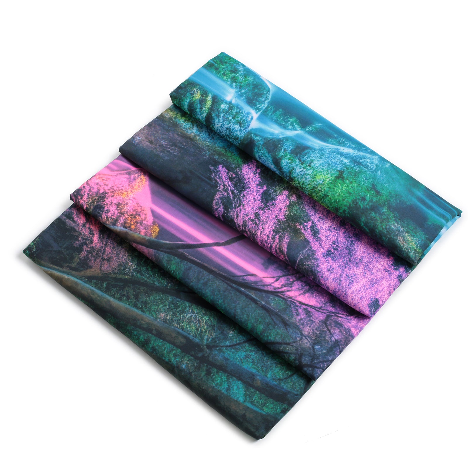 Rolled fluorescent waterfall tapestry, showing neon print on polyester fabric, ready for wall hanging