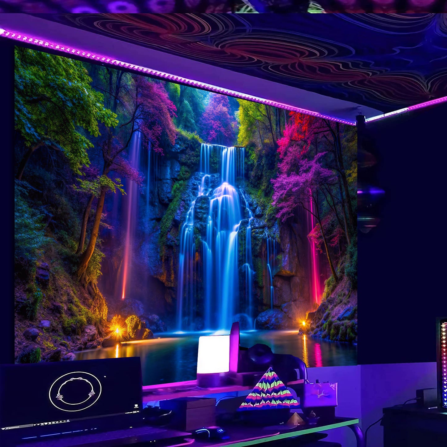 UV blacklight waterfall tapestry hanging above bed in cozy bedroom, neon glow wall art