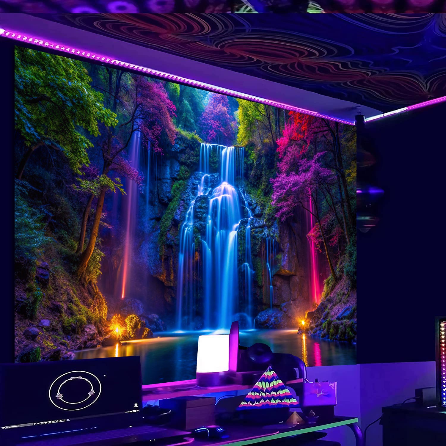 UV blacklight waterfall tapestry hanging above bed in cozy bedroom, neon glow wall art